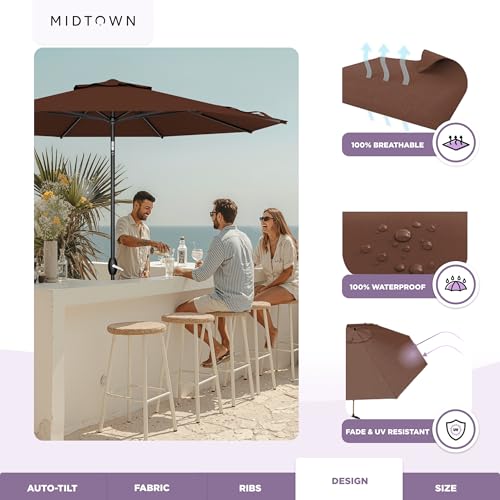 Image of Midtown Umbrellas - The Lean 10 Ft Patio Umbrella with 10-Year-No-Fade Acrylast Acrylic Fabric, Auto-Tilt and 8 Reinforced Ribs for Deck, Pool, Garden, Hotel & Cafes - Cedar Wood Canopy, Black Pole