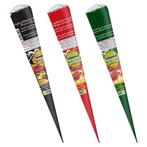 Al Mishkat Malika Henna Cones Set of 3 - Dark Red Dark Brown and Dark Black Natural Mehndi Paste Cones for Temporary Tattoos - Festivals Weddings & Body Art - Ready to Use Quick Dry