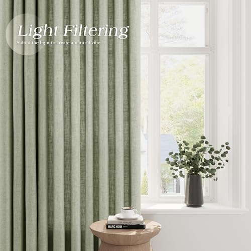 Image of Sage Green Linen Curtains 84 Inch Length for Living Room 2 Panels Set Soft Thick Textured Grommet Design Semi Sheer Light Filtering Window Curtain Drapes Burlap Look Rustic Farmhouse Home Decor 52x84