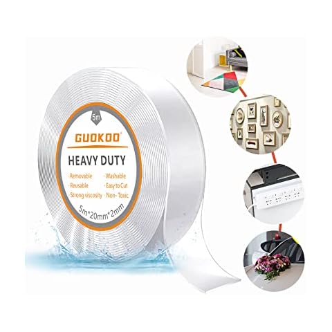 Guokoo Nano Double Sided Tape Heavy Duty - Transparent Reusable Nano Adhesive Tape, Washable Traceless Strong Gel Tape, Wall Sticky Strips for Carpet Fixing, Photos Posters. (2CM * 2MM * 5Metre) Cover