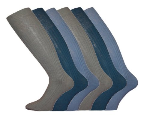 New Design 6 Pair Pack Mens 100% Cotton Ribbed Comfy Easy Grip Top Everyday LONG Top Calf Socks. To Fit Uk Foot Sizes 6-11, Mixed Blues
