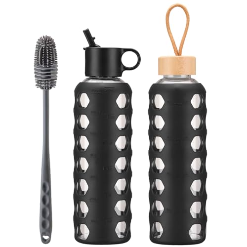 BLUEGO Glass Water Bottle, 700ml Borosilicate Drinking Bottle with 2 Lids-Handle Flip Straw Lid&Bamboo Lid, Motivational Water Bottle with Time Marker and Silicone Sleeve, Leakproof, Black