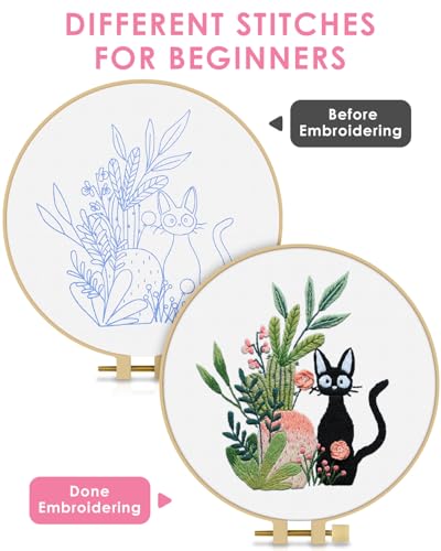 Image of TINDTOP Embroidery Kit for Beginners Adult, Cat Embroidery Kit | Include Embroidery Cloth Hoops Threads for Craft Lover Hand Stitch with Embroidery Skill Techniques