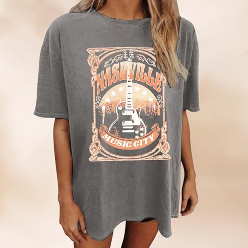 T-Shirt Femme Manches Courtes Basique Groupe de Rock surdimensionné pour Femme— Tee-Shirt inspiré Musique Country et City Music Design Graphique Guitare Style décontracté et Tendance (Grey, L) – vue 2