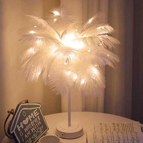 Kinamy Lámpara de Plumas con Control Remoto, Lámpara de Noche Minimalista Moderna, Lámpara de Mesa de Dormitorio para Decoración de Fondo, Iluminación Nocturna - Blanco Cover