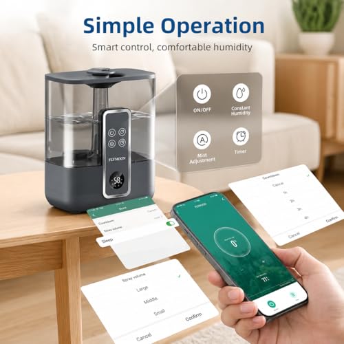 Image of FLYMOON Top Fill 5L Cool Mist Humidifiers with 28dB | Tuya App & Touch Control, Auto-Off, 12H Timer, 50 Hour Runtime, Ultra-fine Mist, Ideal for Bedrooms
