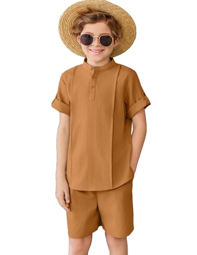 Image of Arshiner Boy's 2 Pieces Linen Sets Short Sleeve Henley Shirt and Shorts Summer Beach Matching Outfits 4-12 Years