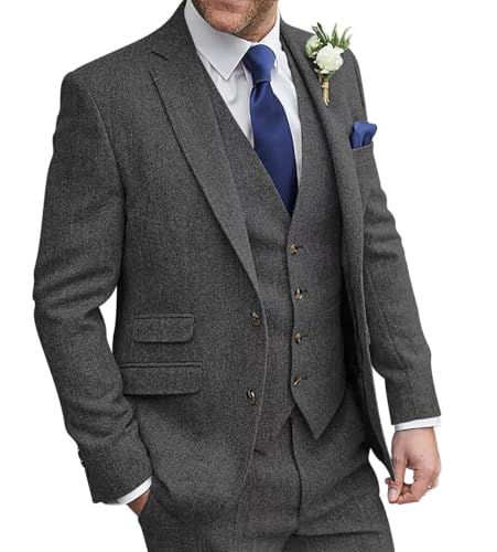 Mens Tweed Herringbone Wedding Suit Slim Fit 3 Piece Suits Groom Tuxedos Prom Suit Jacket Vest Pants for Men