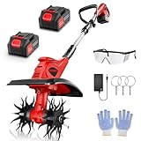 Cordless Tiller Cultivator, 360RPM 9inch Wide Electric Garden Tiller,Total 8000mAh Battery Powered Mini Cultivator,48 Steel Tines Portable Rotary Tiller for Gardening (2 x 4.0AH Battery)