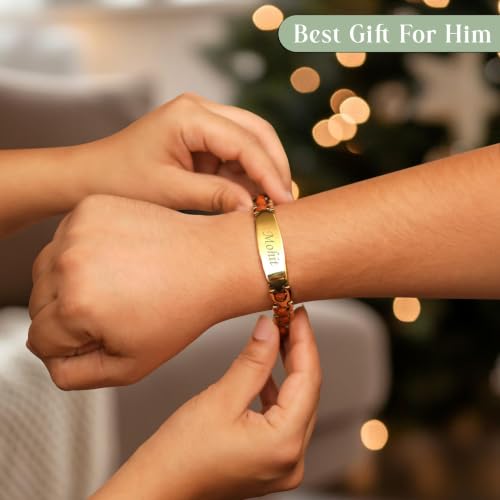 Image of The Wallet Store Personalized 24K Gold Plated Bracelet Style Rakhi for Brother with Real Lab Certified Panchmukhi Rudraksh | Custom Name Engraved Rakhi Bracelet | Raksha Bandhan Gift for Bhai
