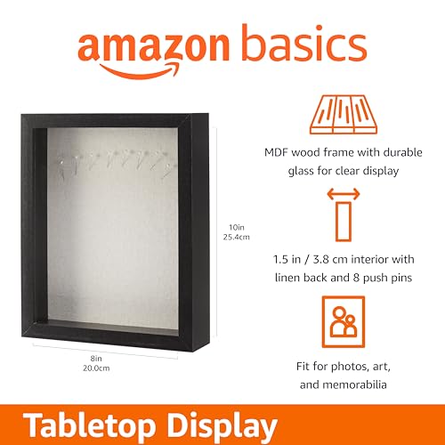 Image of Amazon Basics 8 inch x 10 inch Rectangular Shadow Box Wood Frame for Photos, Art, and Memorabilia, Black, Tabletop Display