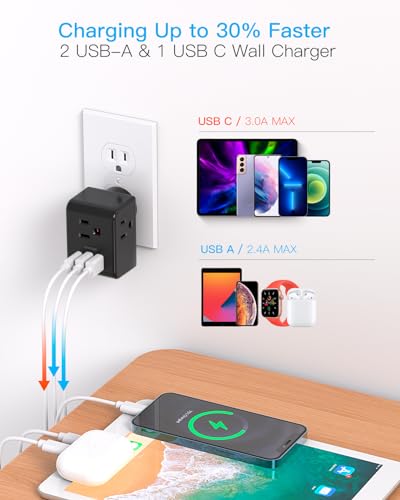 Multi Plug Outlet Extender, Power Strip Non Surge Protector Electric Outlet Splitter with 3 USB Wall Charger (1 USB C), Multiple Outlet Expander for Cruise, Dorm, Travel, Home, Black
