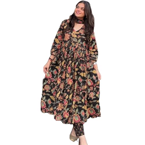 Image of GoSriKi Women's Rayon Viscose Anarkali Printed Kurta with Palazzo & Dupatta