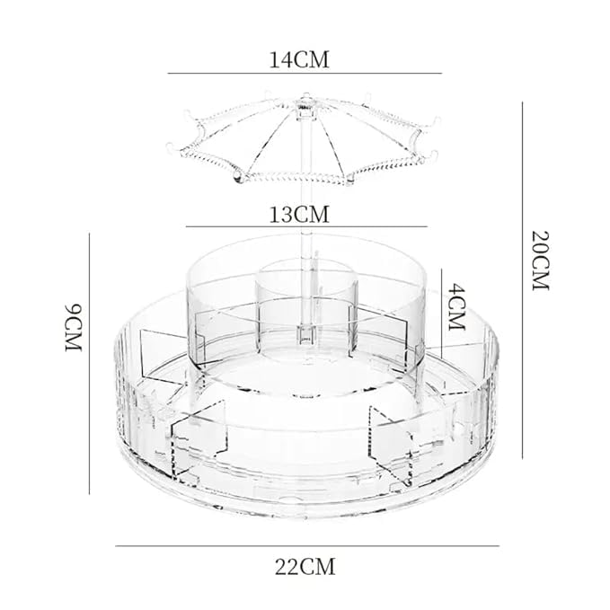 KANVIPRIYA 360 Rotating Makeup Organizer with Umbrella Design, 2 Layers Adjustable Carousel Large Capacity Revolving Perfume Organizer, Skincare Cosmetic Storage, Spinning Holder for Vanity 1