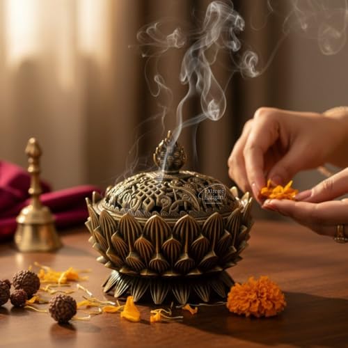 Image of Lotus Incense Burner, Bronze, Metal, 10cm x 10cm, Tibetan Style, with Lid, Dhoop Batti, Dhuni Holder for Temple and Home