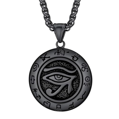 U7 Horus Necklaces for Men Women, Stainless Steel/Black/Gold Plated Ankh Cross Egyptian Symbol Jewelry, Eye of Horrus Pendant with 22 Inch Chain 01.Bl