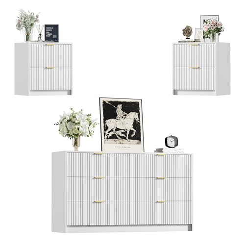Image of Furniway 3 Piece Bedroom Set, 6 Drawer Dresser and Nightstand Set of 2 with Gold Handles, Modern Wood Chest of Drawers Storage Cabinet for Bedroom, White