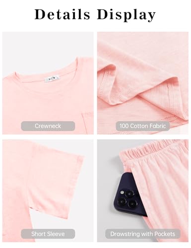Image of KCW Pajamas for Women Set 2 Piece 100% Cotton Lounge Sets Short Sleeve Top and Shorts Pj Set Sleepwear Outfits
