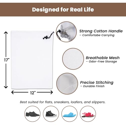 Image of LFH Cotton Rich Shoe Storage Bags with Drawstring, Dustproof Breathable Reusable Organizer, Perfect For Travel, Dorm, Hotel, College, Gym, Easy to Carry, Machine Washable 12 inchx17 inch (Pack of 6) - White