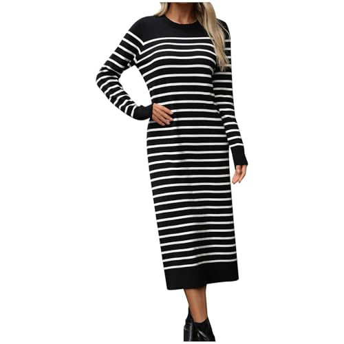 KBOPLEMQ Vestido de Punto Largo a Rayas para Mujer, Túnica de Invierno Sexy, Suéter Hasta la Rodilla, Manga Larga, Informal y Elegante, O
