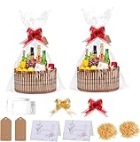2Pack Empty Hamper Baskets, 30 x 20 x 15cm Woven Bamboo Basket Kit, Basket with 2*Gift Bags, 2*Ribbon, 2*Hang Tags, 2*Greeting Cards, 2 Packs Raffia, Gift Baskets for Birthday and Baby Shower (Brown)