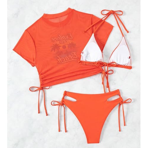 Image of Sexybody Women's 3 Piece Swimsuit Halter String Bikini Tie Side Mesh Short Sleeve Bathing Suits