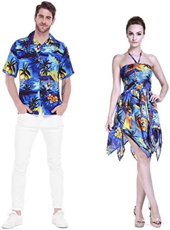 Couple Matching Hawaiian Luau Aloha Shirt Gypsy Dress in SunBlue L