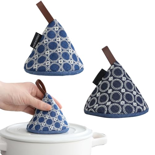 Vastsea 2 Pièces Coton Doublure Manique de Cuisine, Broderie à la Main Petit Gants de Cuisine, Gants de Four Antidérapants Résistants à la Chaleur, Postuler à pour Gril, Cuire(Bleu)