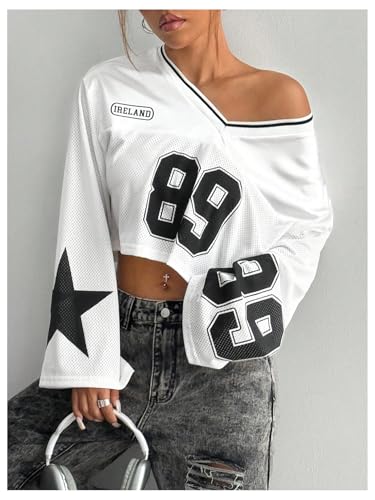 GORGLITTER Women's Number Graphic Jersey Crop Top Shirts Y2K 90s Bell Long Sleeve V Neck Graphic Tee3