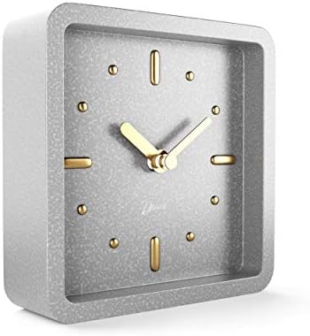 Driini Modern Mid Century Desk & Shelf Clock (Gray and Gold) - Small Battery Operated and Silent Analog Tabletop Clocks for Living Room Decor – Ideal for Mantle, Office Table, Desktop or Nightstand