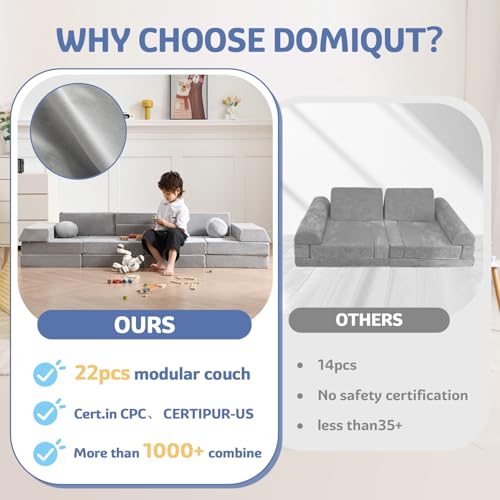22Pcs Modular Kids Play Couch, 1000+DIY Creativing Playroom Furniture for Kids, Toddler Couch, Convertible Foam and Floor Cushion for Boys and Girls,Dark Grey