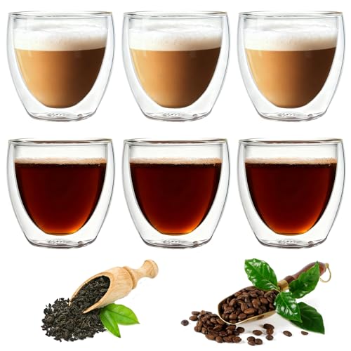 BEE&FLOWER Tasse Double Paroi 100ml, Verre Double Paroi 6PCS Verres à Café en Verre 100 ml pour Cappuccino Couche Lait, thé, Tacheté, Whiskey Verre à Double Paroi, Verre à Café