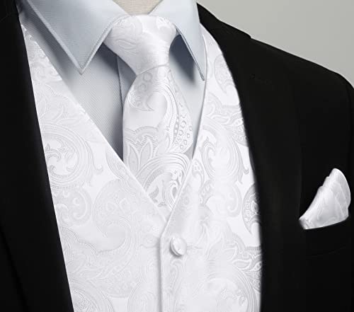 HISDERN Anzugwesten für Herren Weiß Paisley Hochzeit Weste mit Krawatte Einstecktuch Taschentuch Jacquard Weste Herren Anzug Set Elegant 2XL