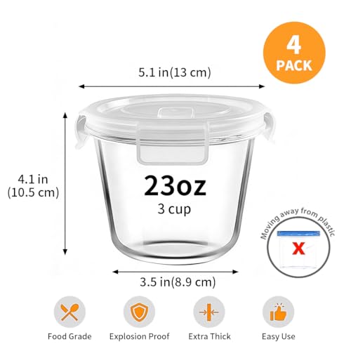 Image of H.JSS WDJS 24 Oz Round Glass Food Storage Container set, 3 Cup Round Glass Soup Container with Airtight Lids BPA free, Borosilicate Storage Bowls, Dishwasher Microwave Freezer Safe (2 Pack)