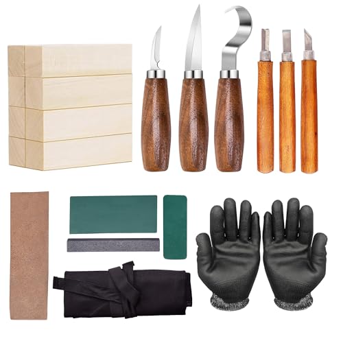 20 PCS Wood Carving Kit – Complete Whittling Tools Set with 8 Basswood Blocks, 3 Carving Tools, 4 Chisels, Cut Resistant Gloves, Leather Strop & Sharpening Stone in Roll‐Up Tool Bag