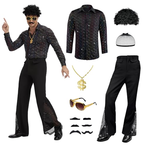 KDAFJLKD 6 Pcs 70s Disco Outfit Costume for Men Dance Bell Bottom Pants Retro Shirts Moustache Sunglasses Wigs Necklace (Black, X-Large)