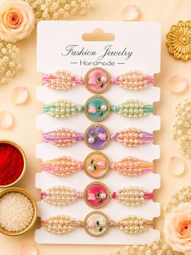 Image of Premium Designer Pastel Resin Pearl Floral Rakhi For Brother | Elegant Flower Rakhi Set Of 1 /2 /3 /4 /5 /6 Raksha Bandhan Gift Bhai Combo For Bhaiya Bhabhi & Sister Bracelet Brother Bhai Sister In Law Kids | Traditional & Festive Wrist Band