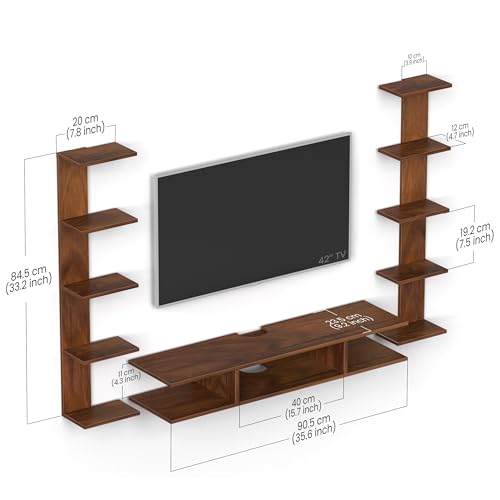Image of BLUEWUD Estoye Standard Engineering Wood Wall Mount TV Entertainment Unit Set Top Box Stand /TV Cabinet Panel with Shelves for Books & Decor Display Unit, Ideal for 50 inch (Brown Maple)