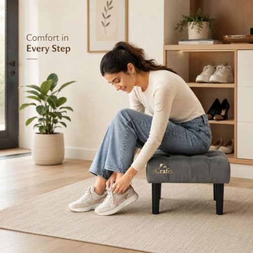 Image of Upholstered Foot Rest Ottoman Stool with Wooden Legs, Tufted Footstool for Living Room, Bedroom, Makeup Vanity, Entryway, Comfortable Footrest Bench, Modern Accent Ottoman (Grey)