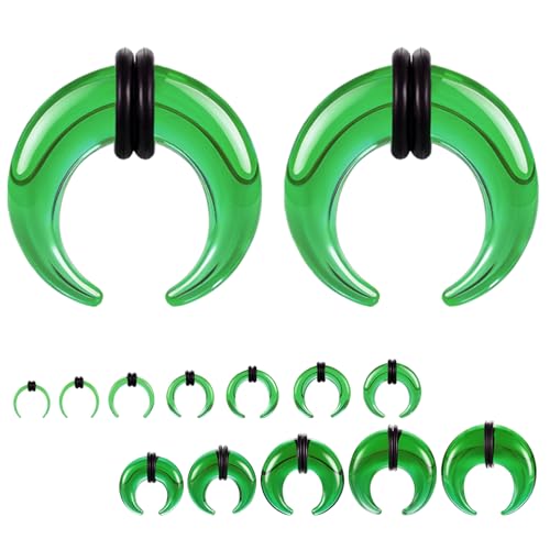 ZS 1 Pair Glass Septum Stretching Kit Set - C Shape Pincher Tapers with O-Rings, 14G to 5/8" Buffalo Septum Retainers Rings for Pierced Nose Ear (Green,5/8"(16mm))