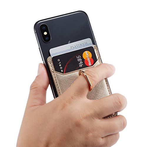 TOPWOOZU Card Holder for Back of Phone Adhesive RFID Ring Stand Cell Phone Wallet Case Stick On Credit Pocket for iPhone/Android/All Smartphones