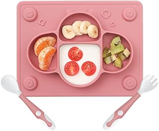 ROCCED Suction Plates for Baby placemat Spoon Fork Set for Toddlers, Silicone Baby Plates with Suction Baby Dishes for Kids Plates-pale mauve