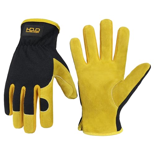 Guantes de trabajo de cuero para conductores, mecánicos, jardineros, etc.; diseño de cuero bovino de primera calidad transpirable, amarillo y negro