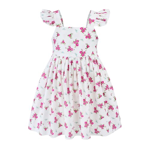 Image of Girls Floral Dress Square Neck Ruffle Sleeve Bow Back Twirl Cotton Dress