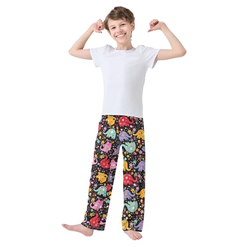 ZZXXB Elephant Flowers Colorful Print Boys Long Pants Soft Trousers Elastic Waist Kids Lounge Bottoms with Pockets S-XL2