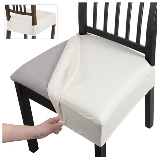 Image of SearchI Waterproof PU Dining Chair Seat Covers Set of 6, Soft Removable Washable Seat Covers for Dining Chairs, Dining Room Seat Cover Protector (Rear-Covered, PU Cream)