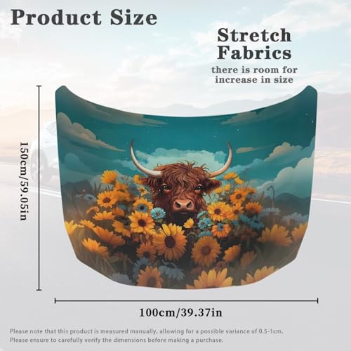 Image of Highland Cow Car Hood Cover, Rural Sunflower Field Elastic Auto Hood Protector Stretchable Polyester, Farm Diary Cattle Car Bonnet All-Season Protection