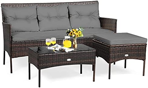 Happygrill 3 Pieces Outdoor Rattan Conversation Set Patio Furniture Set with Tempered Glass Coffee Table, 5 Elastic Seat & Back Cushions, Sectional Sofa Set for Poolside Balcony Backyard
