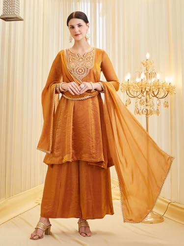 Image of MOKOSH Women's Silk Embroidered Anarkali Kurta and Sharara with Dupatta Set | Ethnic Set | Suit Set | Kurta Set