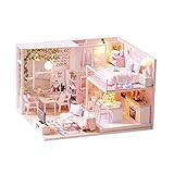 YUACY Puppen Haus Kit,DIY Puppe Haus 3D Holz Montage Mini Puppe Haus Spielzeug Schlafzimmer KüChe Bad MöBel Set Spaß Montage Spielzeug Geschenke,Tranquil,L